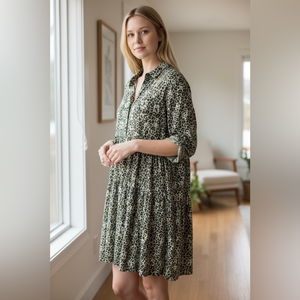 Vasna Viscose Tiered Animal Print Dress Made in Italy Size L Color Green
